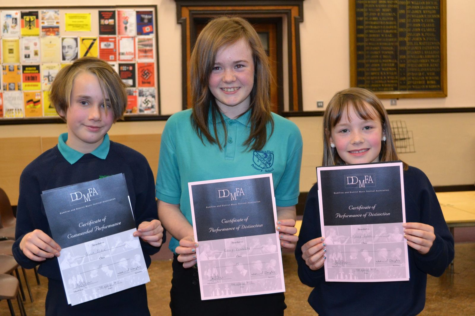 Class 15 competitors from Wallace Hall Primary school with their certificates Ailsa Black Emily Kennedy and Molly Ayres