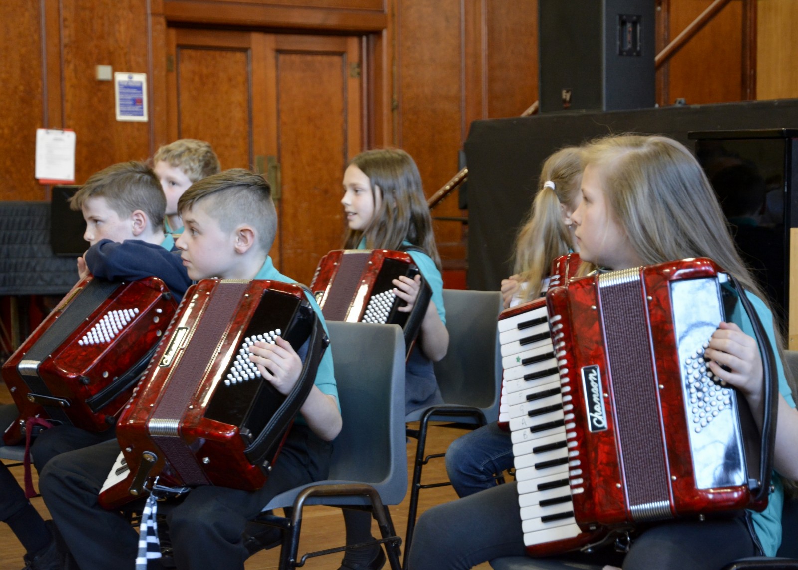 Cameron, Ewan, Harry, Chloe, Sofia (hidden) and Paige (Wallace Hall P5 Accordion Group)